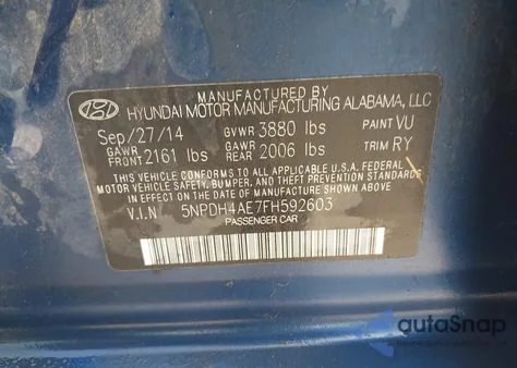 2015 Hyundai Elantra Se from USA, damaged, VIN 5NPDH4AE7FH592603